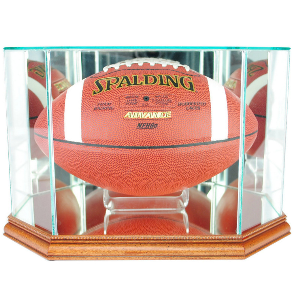 Real Glass Octagon Football Display Case Walnut Wood UV Protection NFL