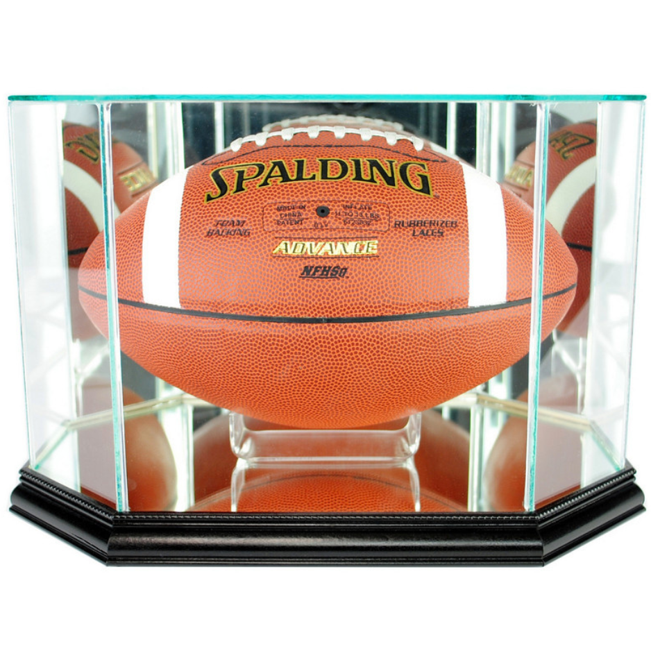 Real Glass Octagon Football Display Case Black Wood UV Protection NFL