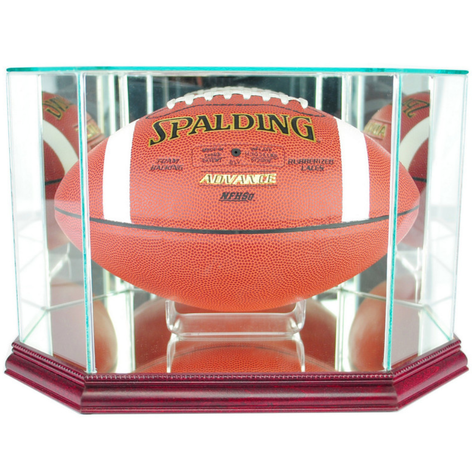Real Glass Octagon Football Display Case Cherry Wood UV Protection NFL