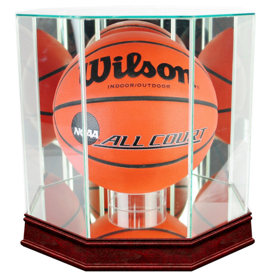 Real Glass Octagon Basketball Display Case UV Protection NBA NCAA Cherry Wood