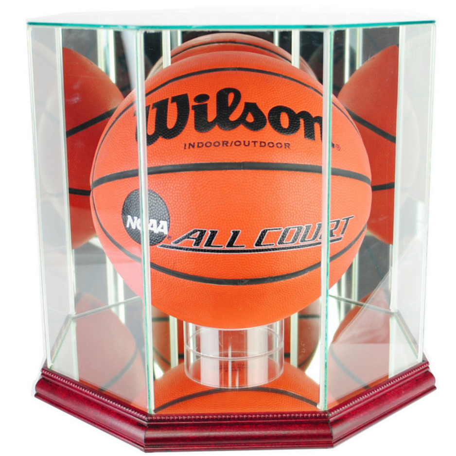 Real Glass Octagon Basketball Display Case UV Protection NBA NCAA Cherry Wood