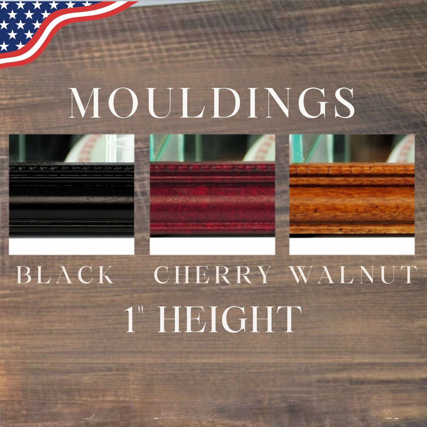 Wooden mouldings in black, cherry, and walnut with a wooden background.