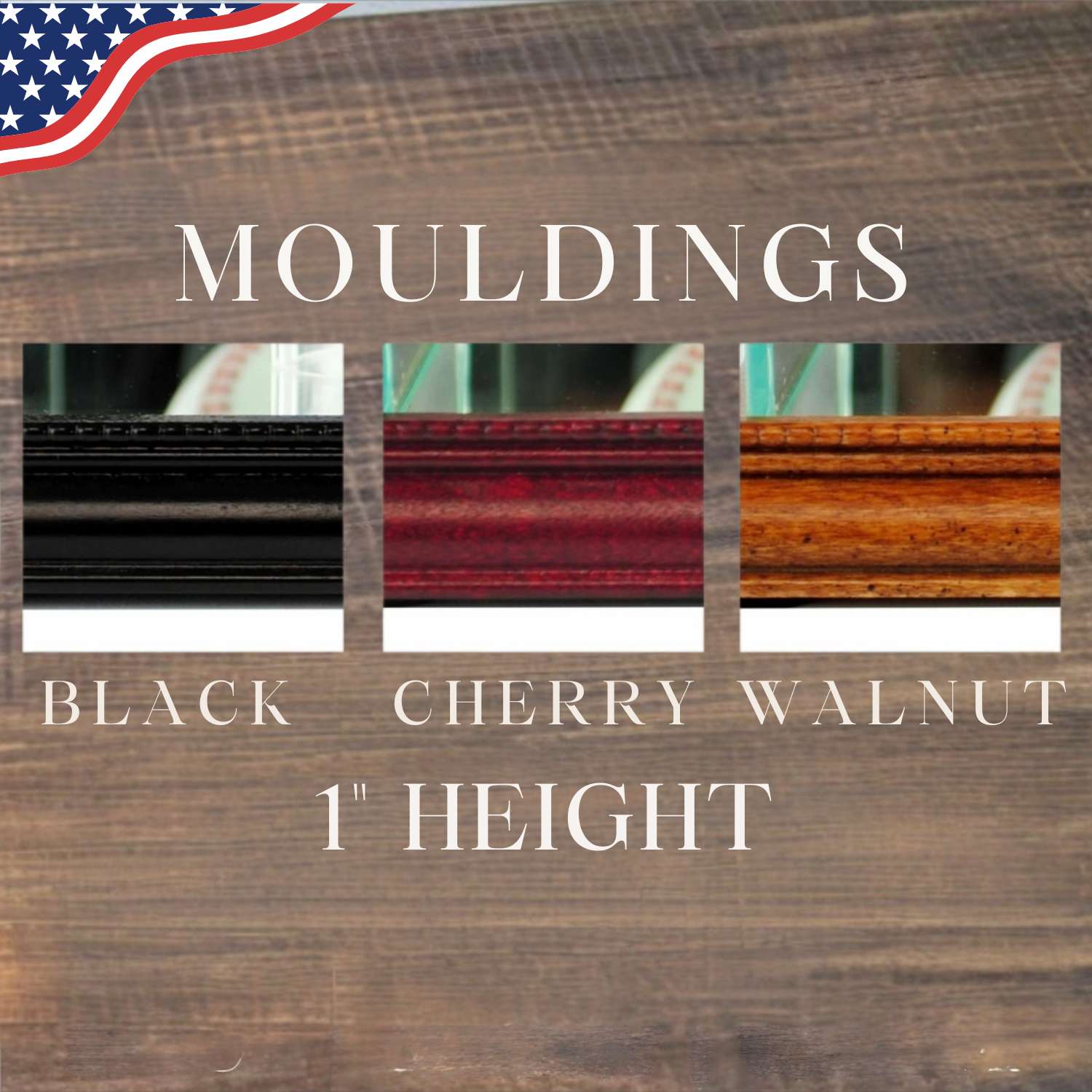 Wooden mouldings in black, cherry, and walnut with a wooden background.