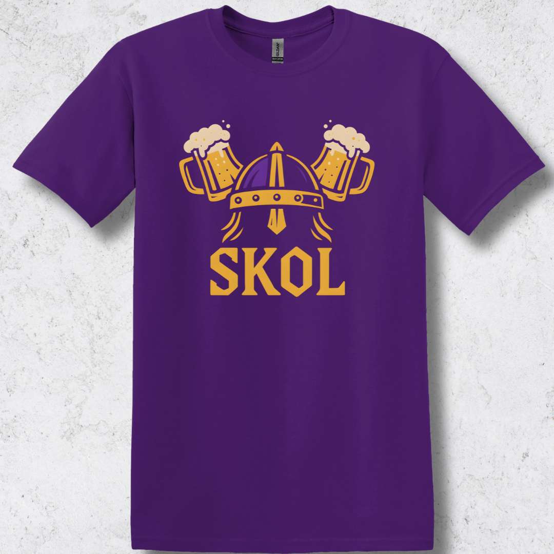 This SKOL Vikings parody shirt is perfect for Minnesota football fans, game day tailgates, Nordic style apparel, funny Vikings fan gear, purple and gold shirts, and unique football gift ideas.