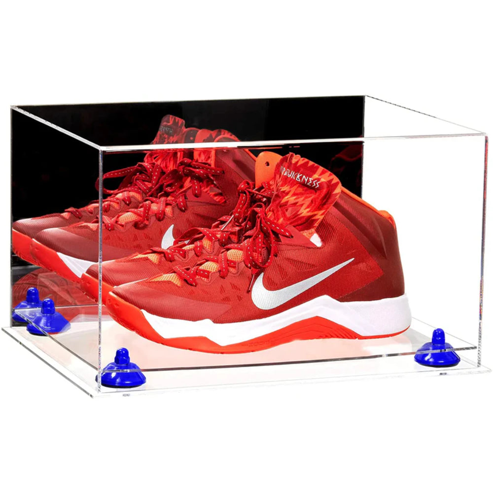 Red sneakers with a white logo in a clear display case on a white background