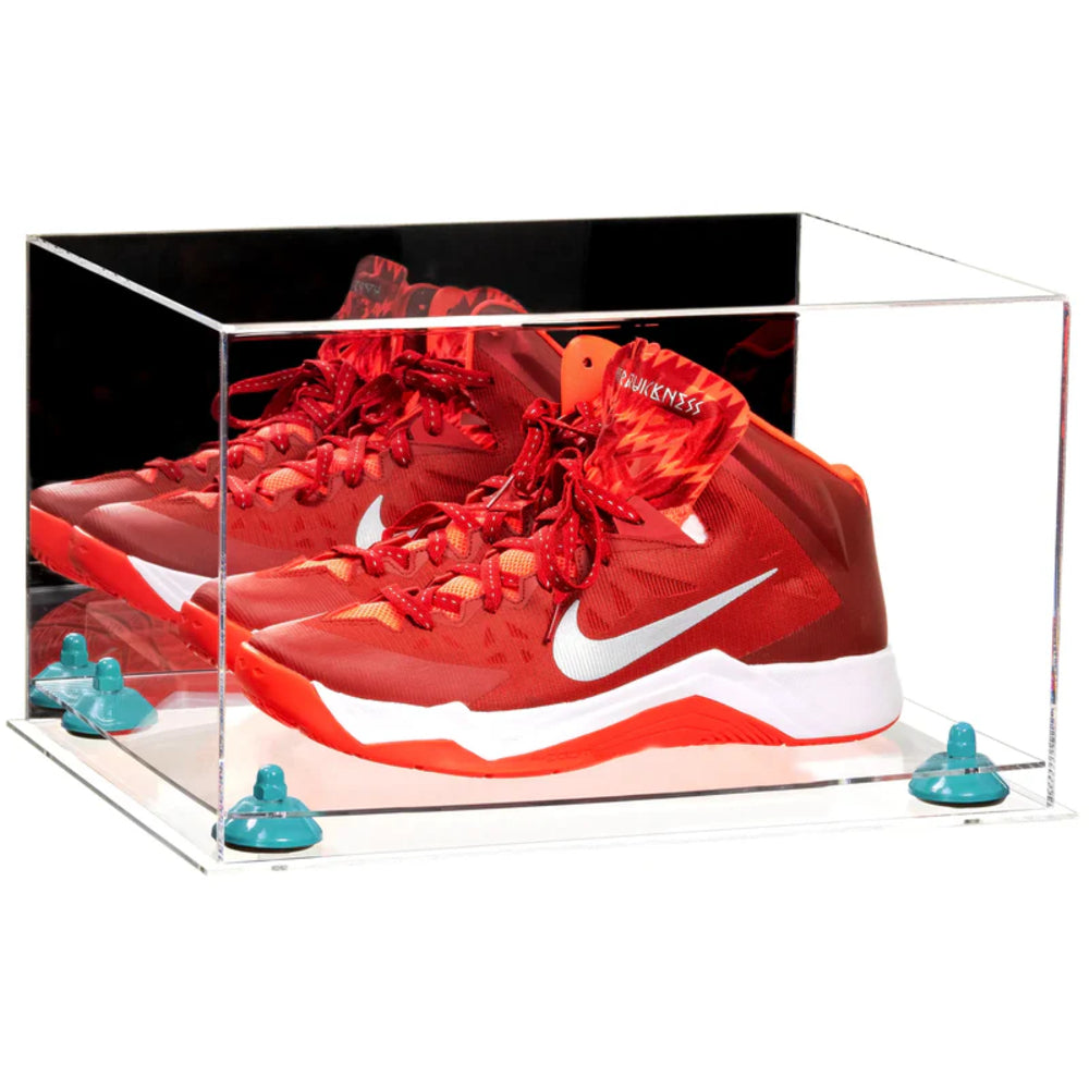 Red sneakers with a white logo in a clear display case on a white background