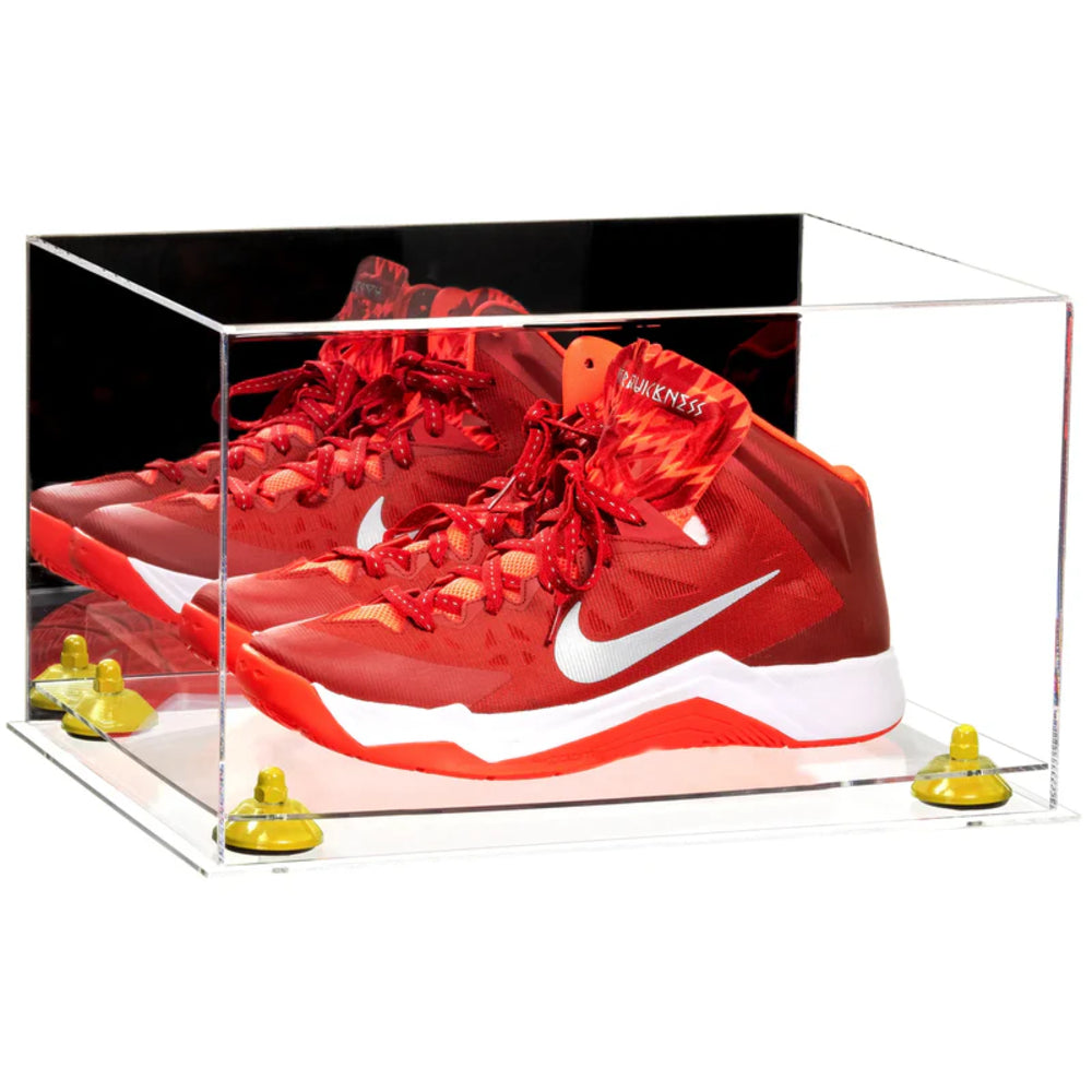 Red sneakers with a white logo in a clear display case on a white background
