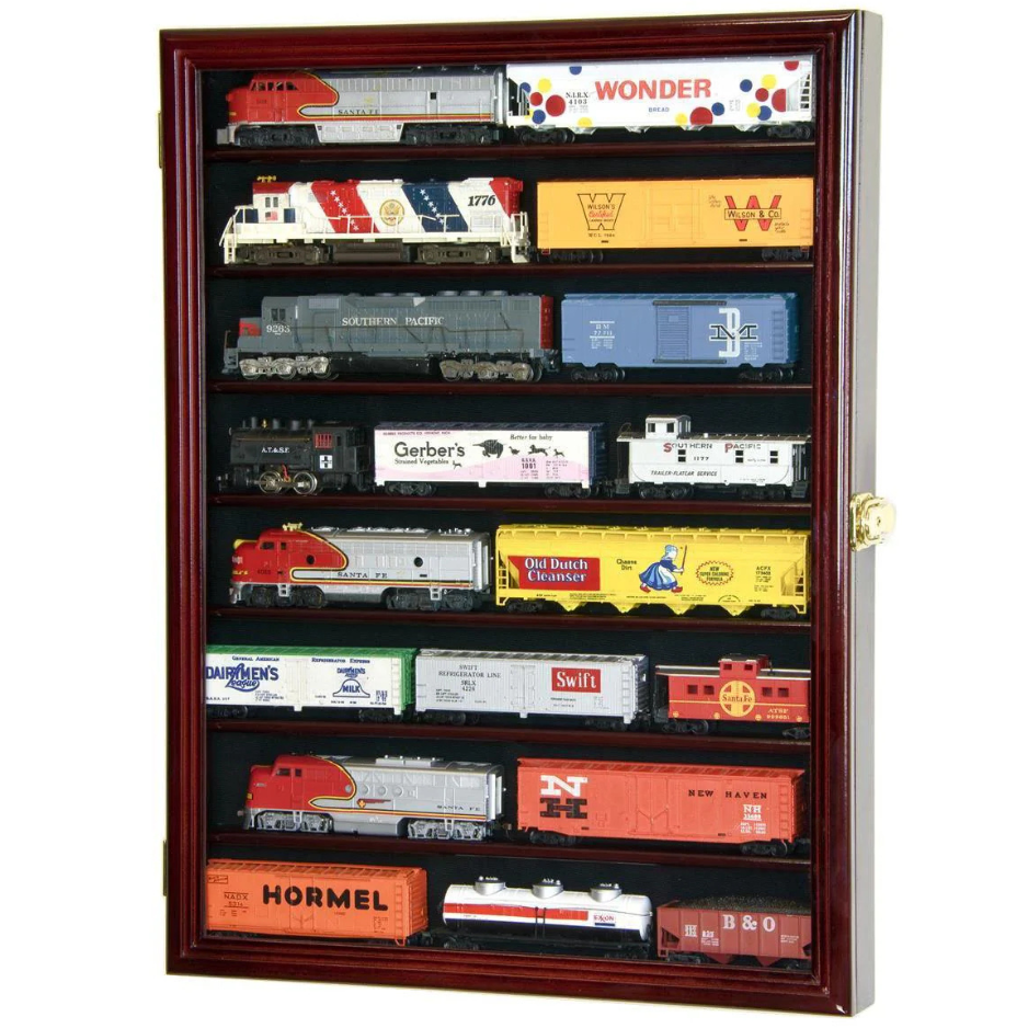 Small HO Scale Train Model Trains Locomotive Engine Display Case Cabinet UV Protection Cherry Wood