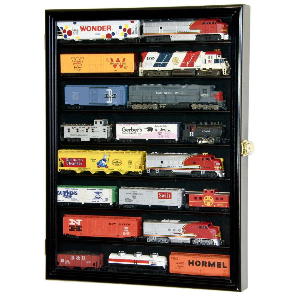 Small HO Scale Train Model Trains Locomotive Engine Display Case Cabinet UV Protection Black Wood
