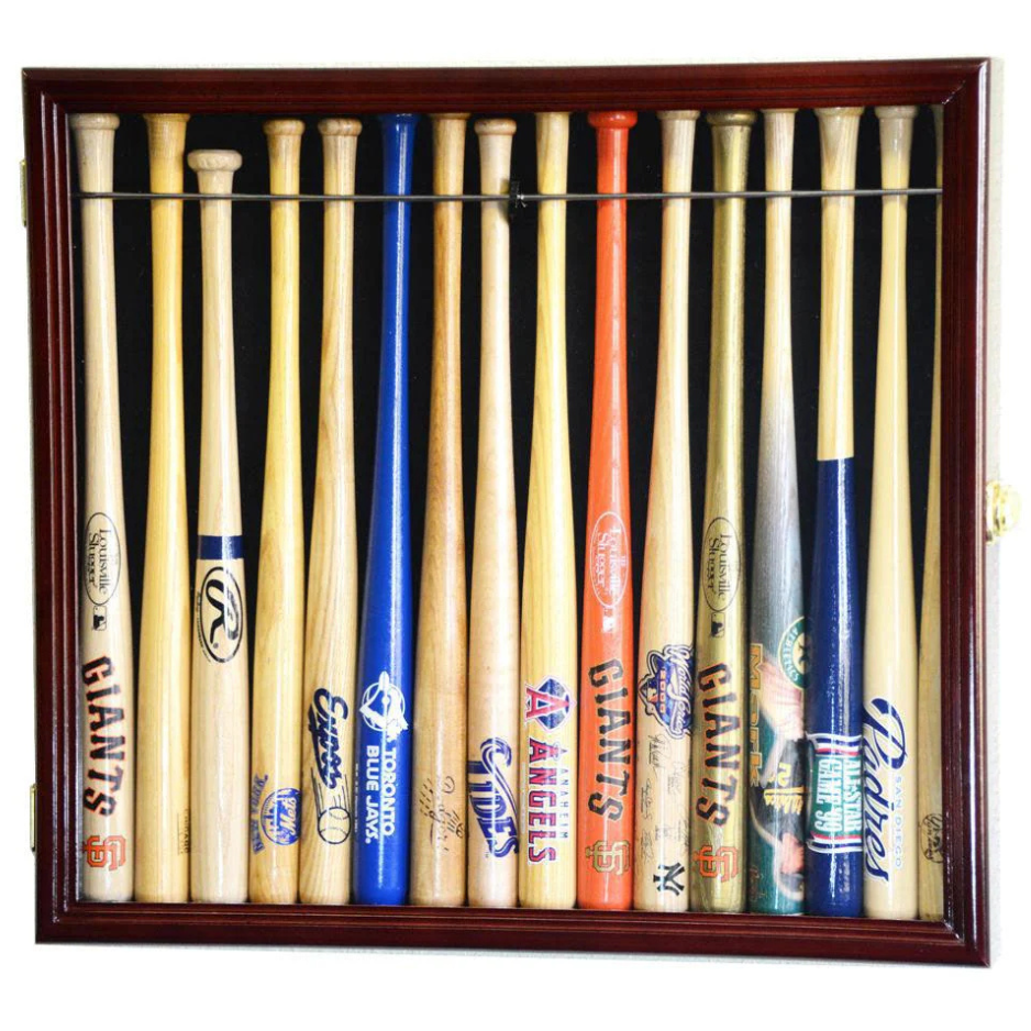 Small Mini 18" Bat Baseball Display Case Cabinet UV Protection Cherry Wood
