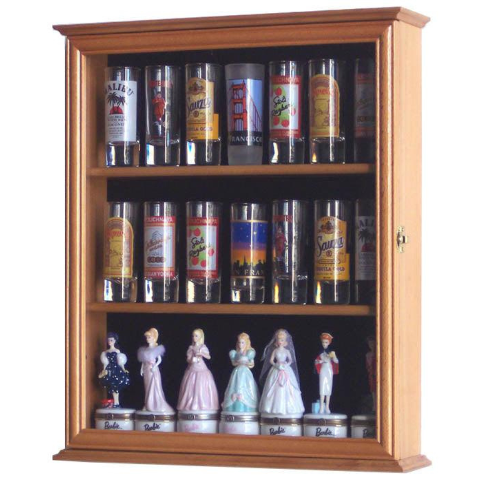 Tall Shot Glass, Shooter Display Case Cabinet UV Protection Oak Wood