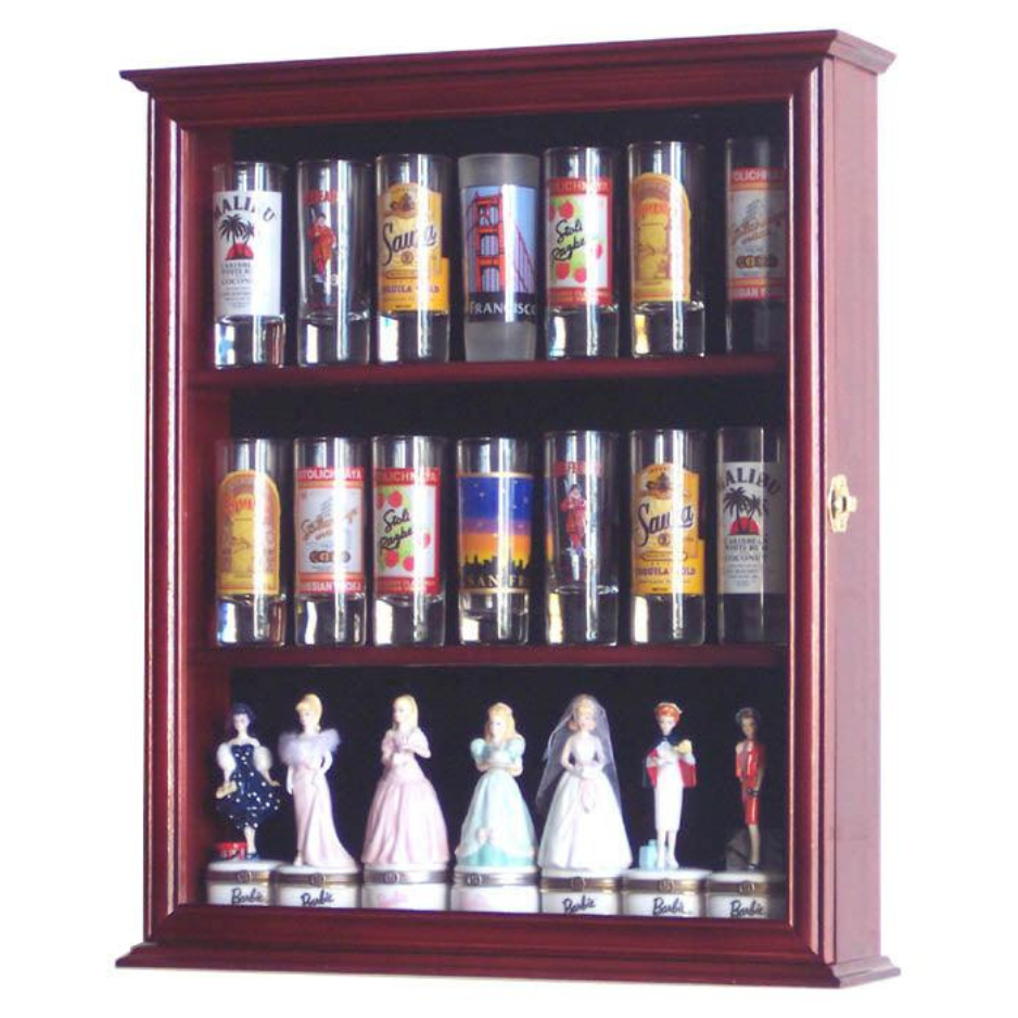 Tall Shot Glass, Shooter Display Case Cabinet UV Protection Cherry Wood