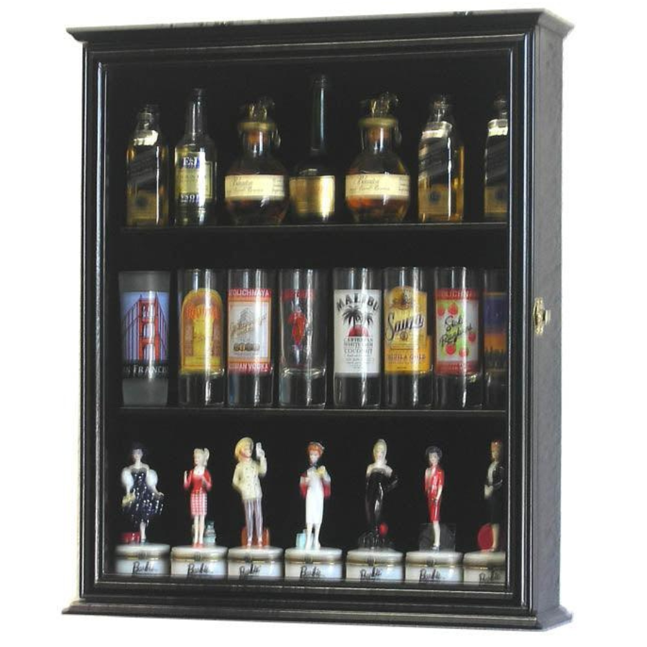 Tall Shot Glass, Shooter Display Case Cabinet UV Protection Black Wood