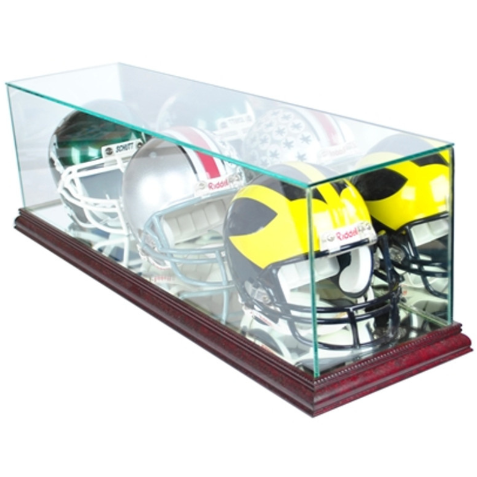 Triple Mini Riddell Football Helmet Display Case UV Protection Cherry Wood