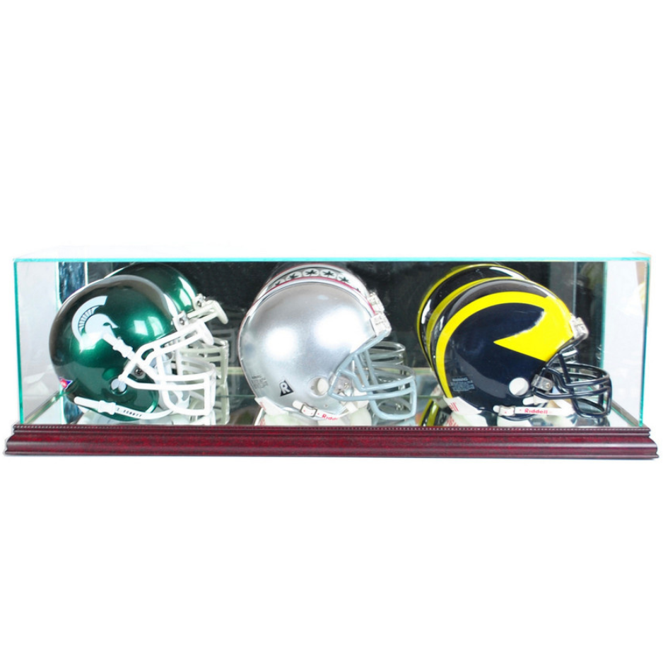 Triple Mini Riddell Football Helmet Display Case UV Protection Cherry Wood