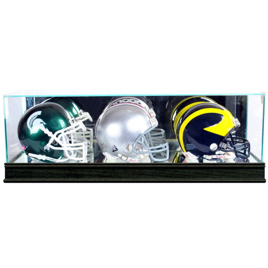 Triple Mini Riddell Football Helmet Display Case UV Protection Black Wood