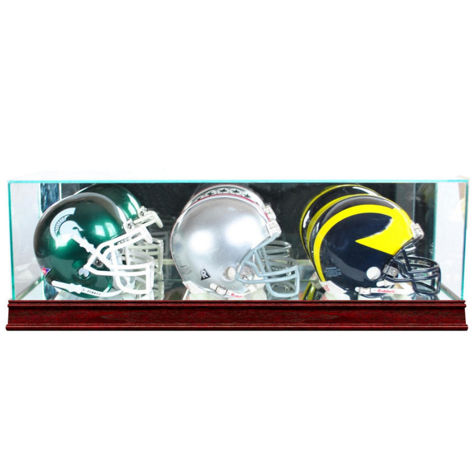 Triple Mini Riddell Football Helmet Display Case UV Protection Cherry Wood
