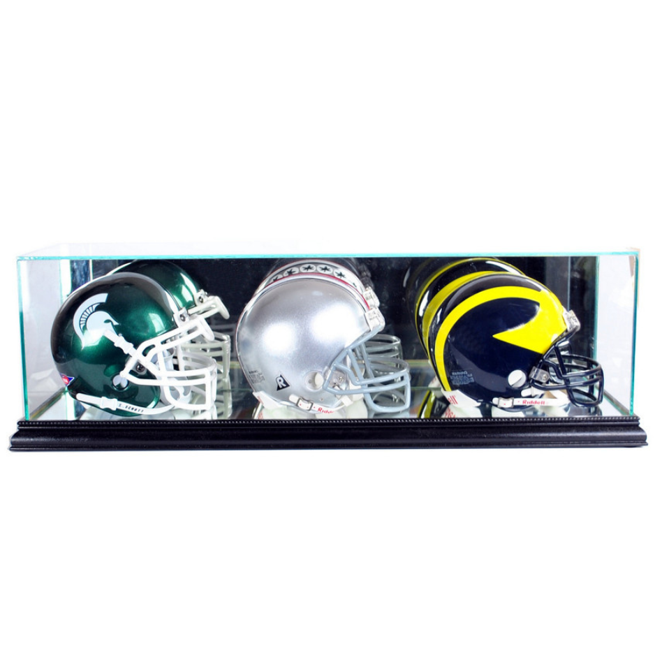 Triple Mini Riddell Football Helmet Display Case UV Protection Black Wood