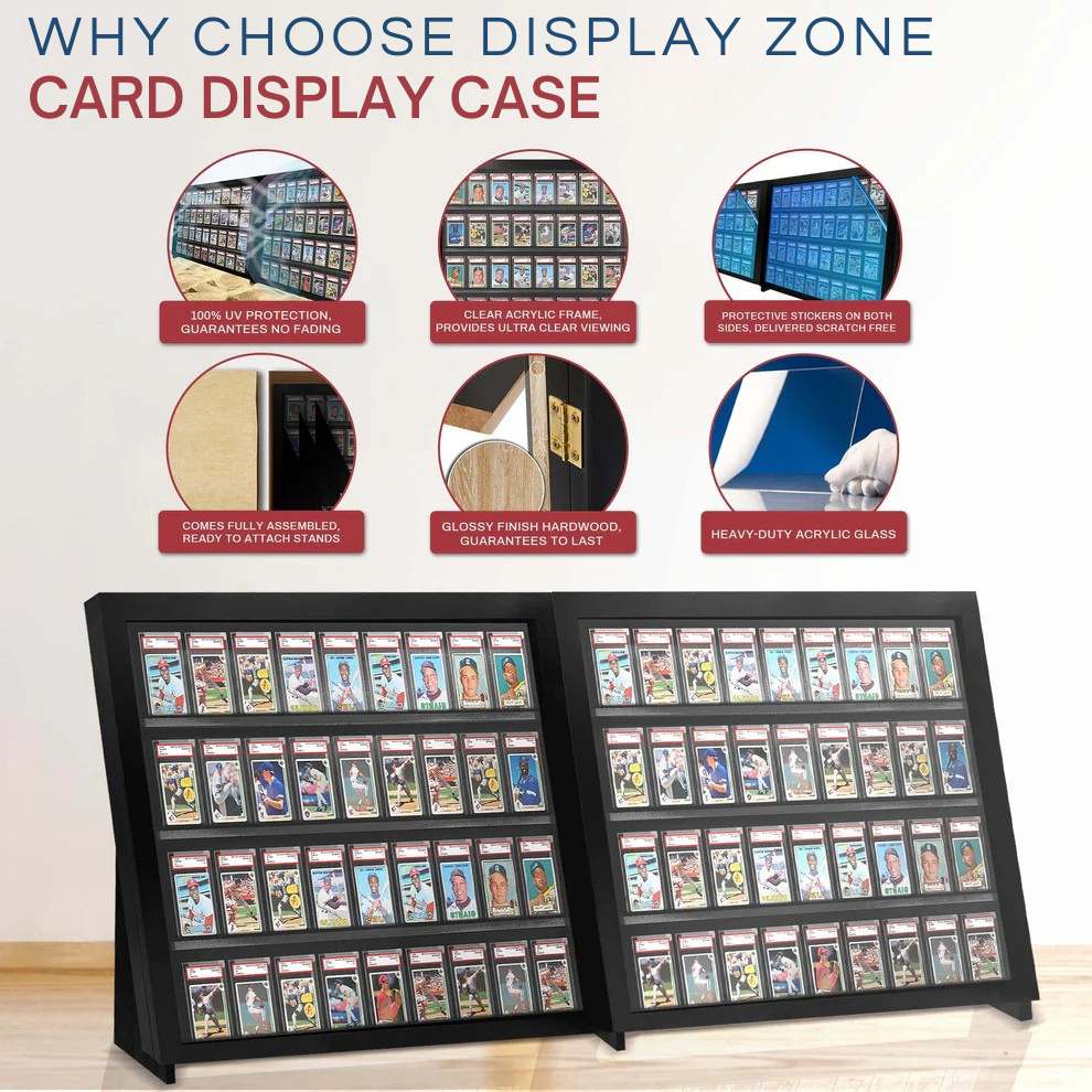 Display Zone card display case with features highlighted on a white background