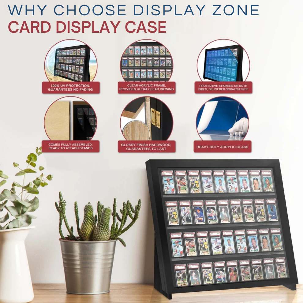 Display case for trading cards with features highlighted on a white background
