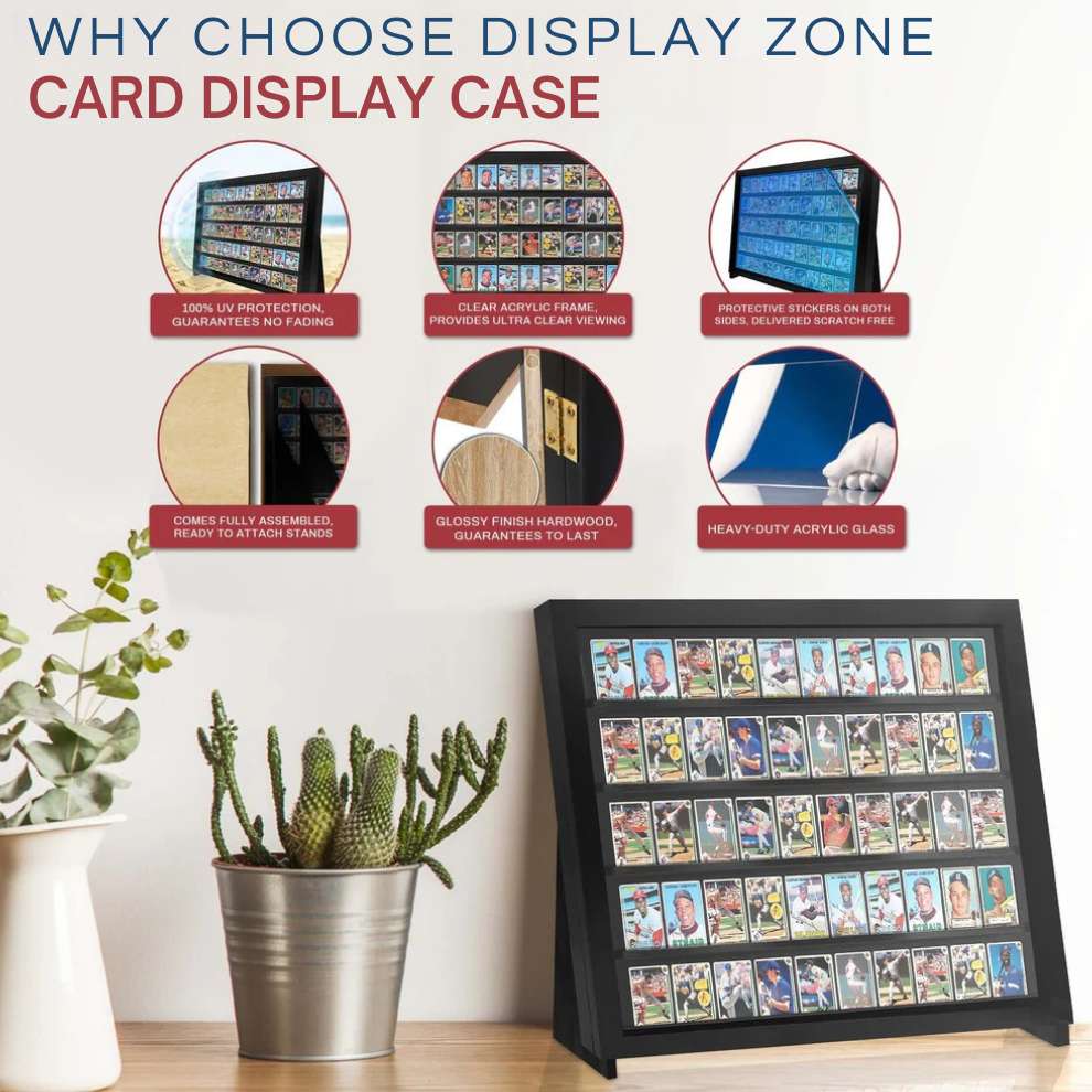 Black trading display case stand with multiple compartments for trading cards on a white background