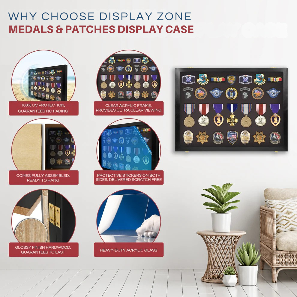 Medals, Pins, Awards, Ribbons, Insignia, & Patches Display Case - Medium UV Protection Black Wood
