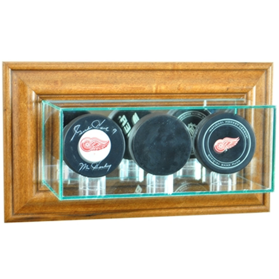 Real Glass Wall Mounted Triple Puck Display Case Holder UV Protection NHL Walnut Wood
