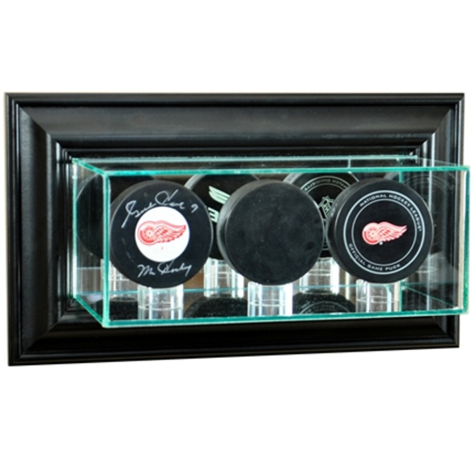 Real Glass Wall Mounted Triple Puck Display Case Holder UV Protection NHL Black Wood