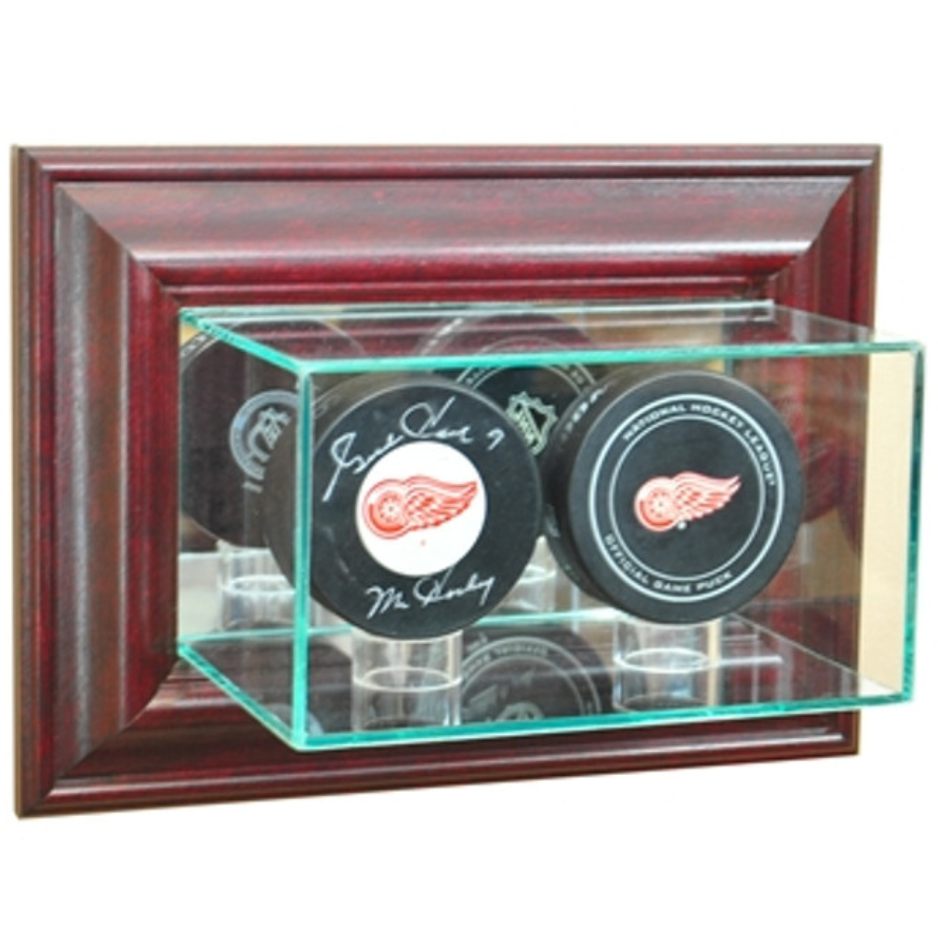 Real Glass Wall Mounted Double Puck Display Case UV Protection NHL Cherry Wood