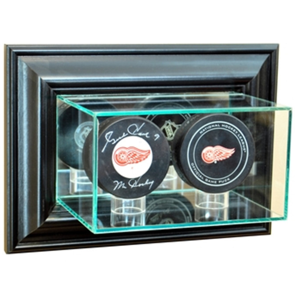 Real Glass Wall Mounted Double Puck Display Case UV Protection NHL Black Wood
