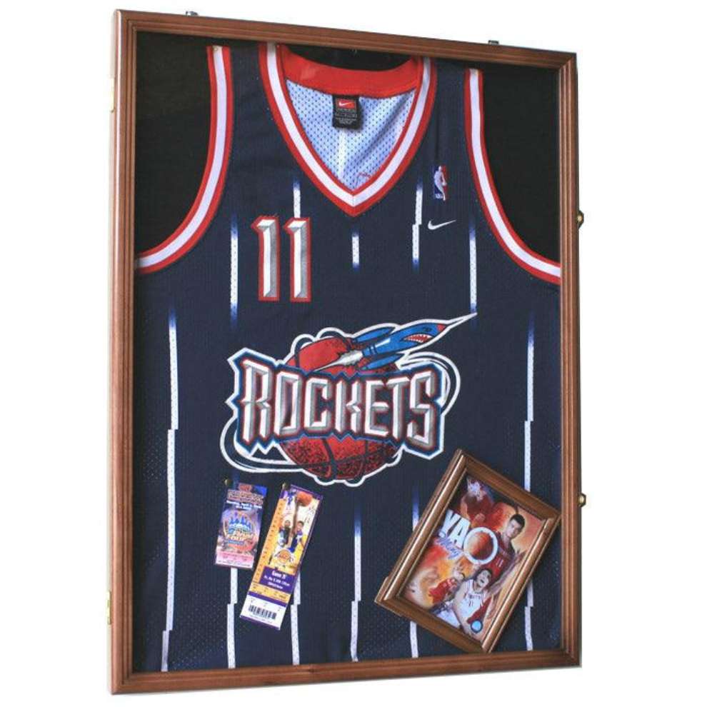 Framed Houston Rockets jersey with number 11 and memorabilia below