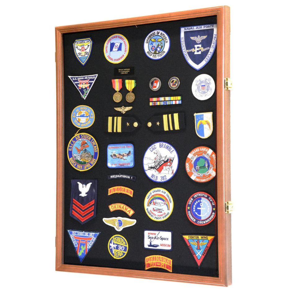 XL Military Medals, Pin, Patches, Badges, Ribbon, Insignia, Buttons, Flag Display Case Cabinet UV Protection Walnut Wood