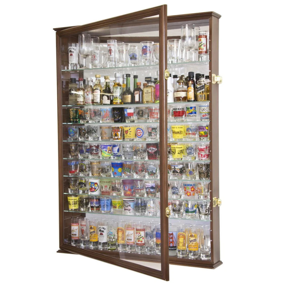 XL Mirror Backed and 11 Glass Shelves Shot Glasses Display Case Cabinet UV Protection Walnut Wood