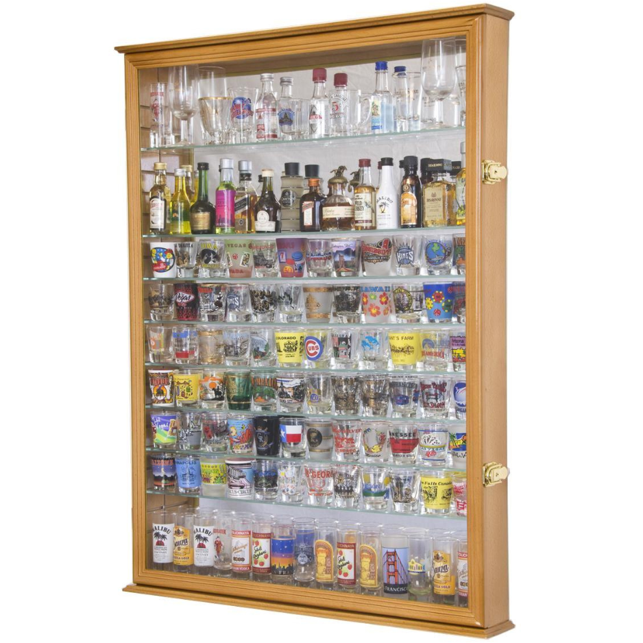 XL Mirror Backed and 11 Glass Shelves Shot Glasses Display Case Cabinet UV Protection Oak Wood