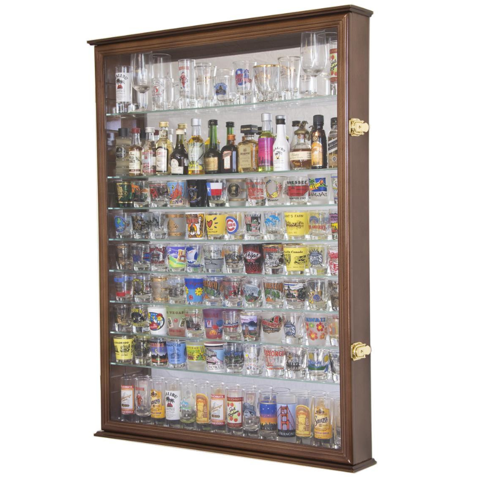 XL Mirror Backed and 11 Glass Shelves Shot Glasses Display Case Cabinet UV Protection Walnut Wood