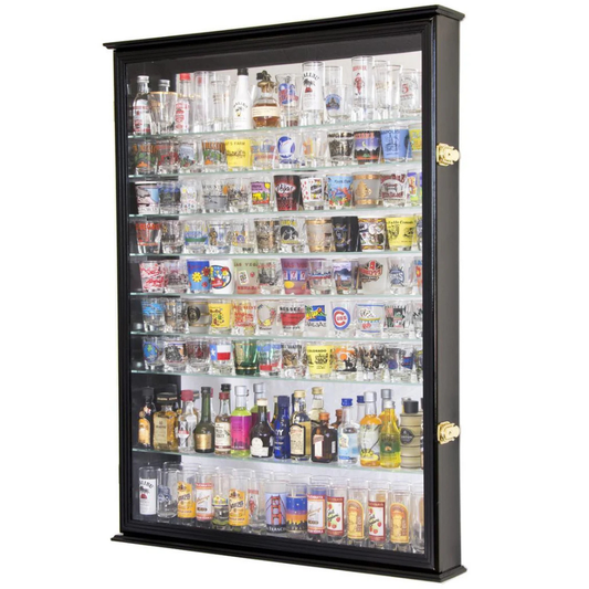 XL Mirror Backed and 11 Glass Shelves Shot Glasses Display Case Cabinet UV Protection Black Wood