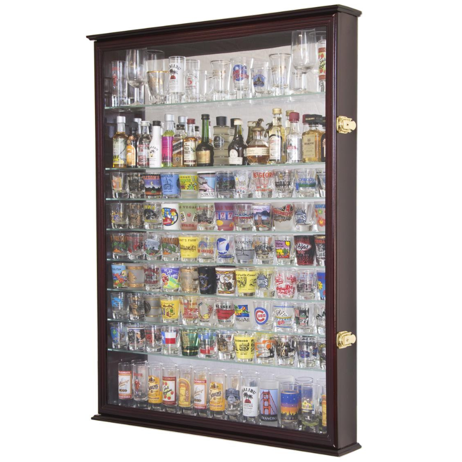 XL Mirror Backed and 11 Glass Shelves Shot Glasses Display Case Cabinet UV Protection Cherry Wood