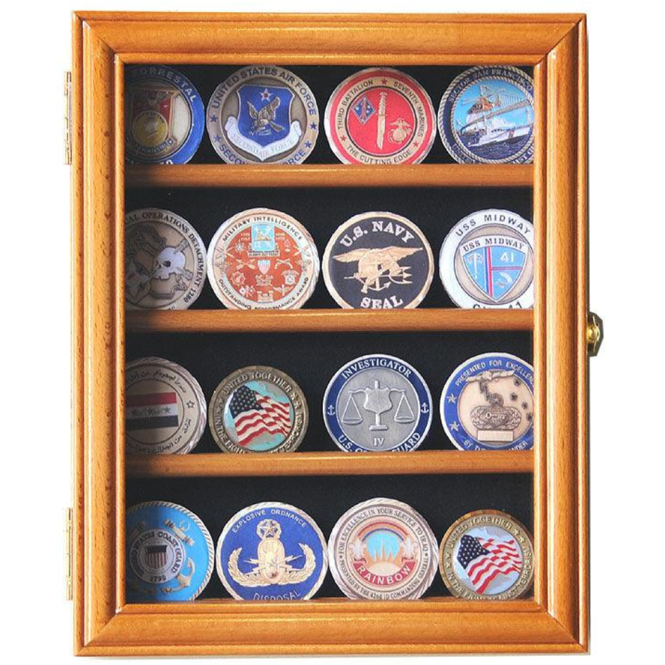 16 Military Challenge Coin Display Case Cabinet Oak UV Protection Oak Wood
