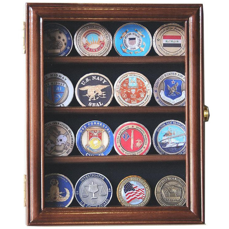 16 Military Challenge Coin Display Case Cabinet Oak UV Protection Walnut Wood