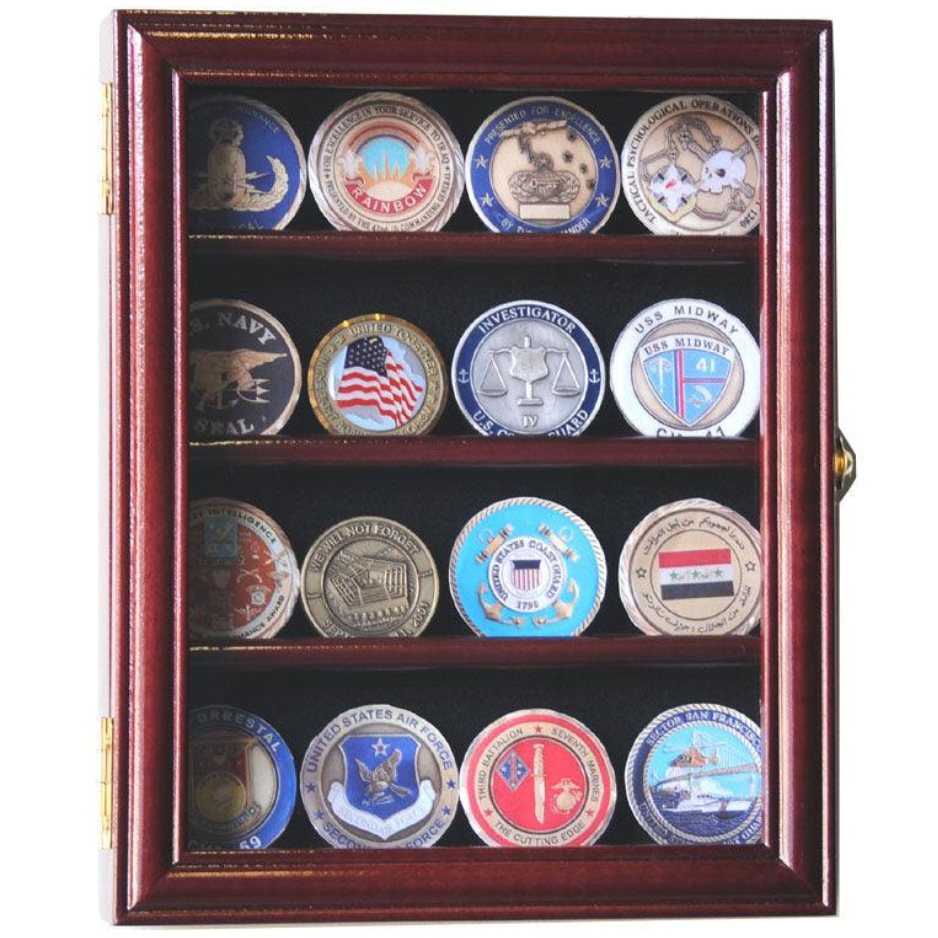 16 Military Challenge Coin Display Case Cabinet Oak UV Protection Cherry Wood