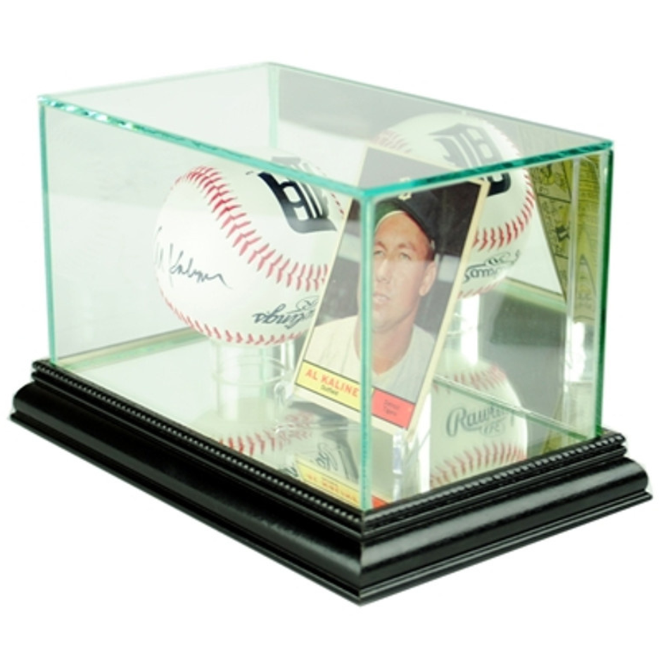 Real Glass Baseball and Card Display Case Holder Autograph UV Protection MLB Black Wood