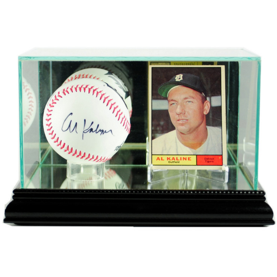 Real Glass Baseball and Card Display Case Holder Autograph UV Protection MLB Black Wood
