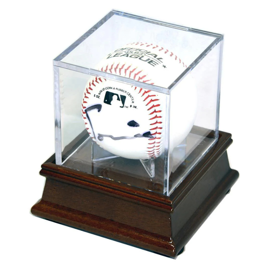 Single Baseball Cube Display Stand UV Protection MLB Walnut Wood