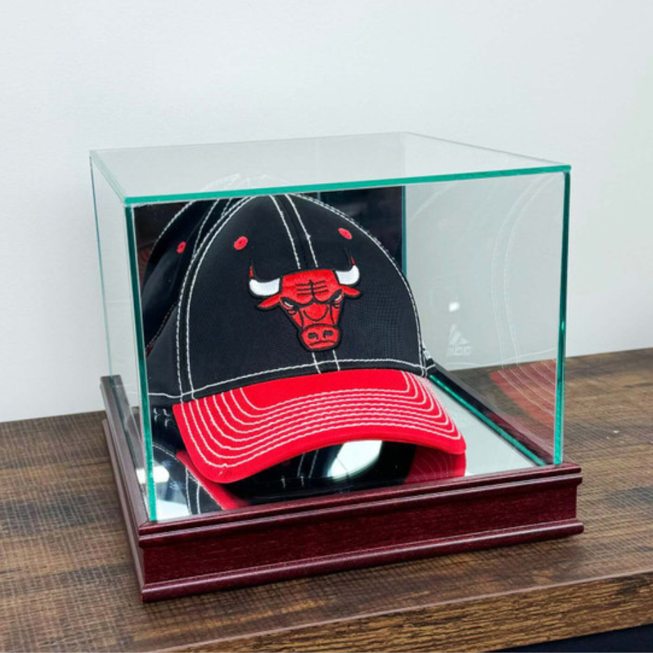 Real Glass Baseball Hat Display Case UV Protection MLB Cherry Wood