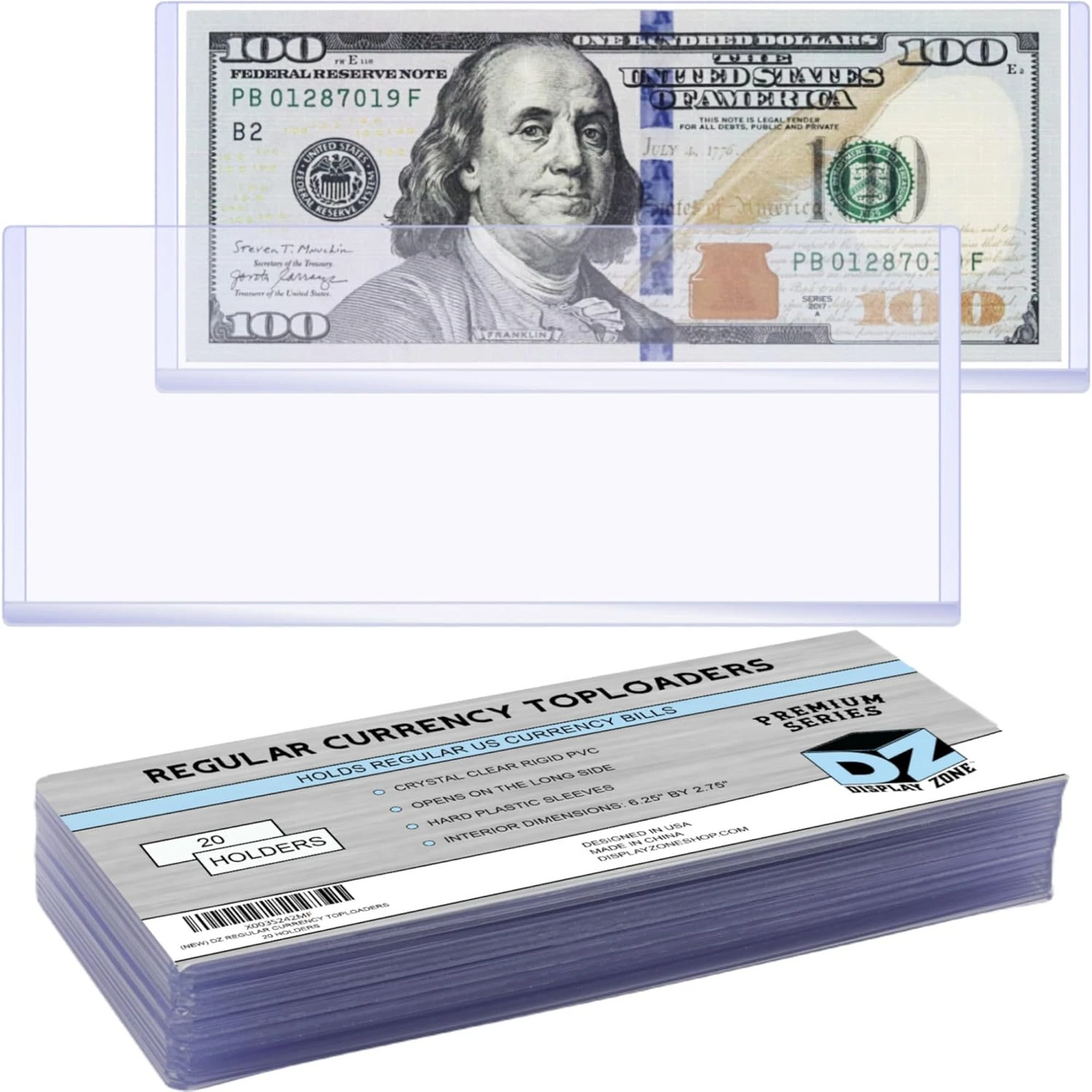 Regular Dollar Bill Currency Toploads, Protective Paper Money Sleeves for Collectors, Crystal Clear Plastic Holders for Cash