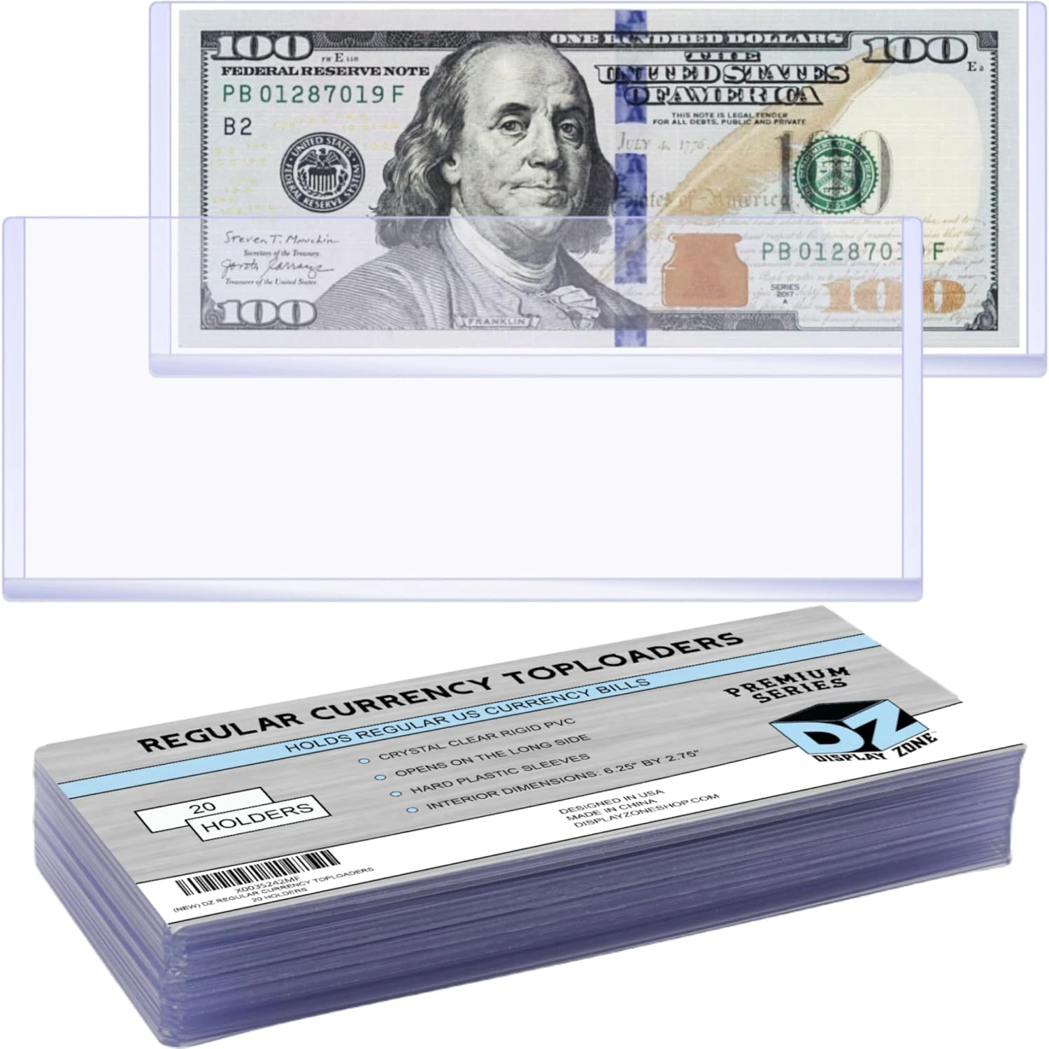 Regular Dollar Bill Currency Toploads, Protective Paper Money Sleeves for Collectors, Crystal Clear Plastic Holders for Cash