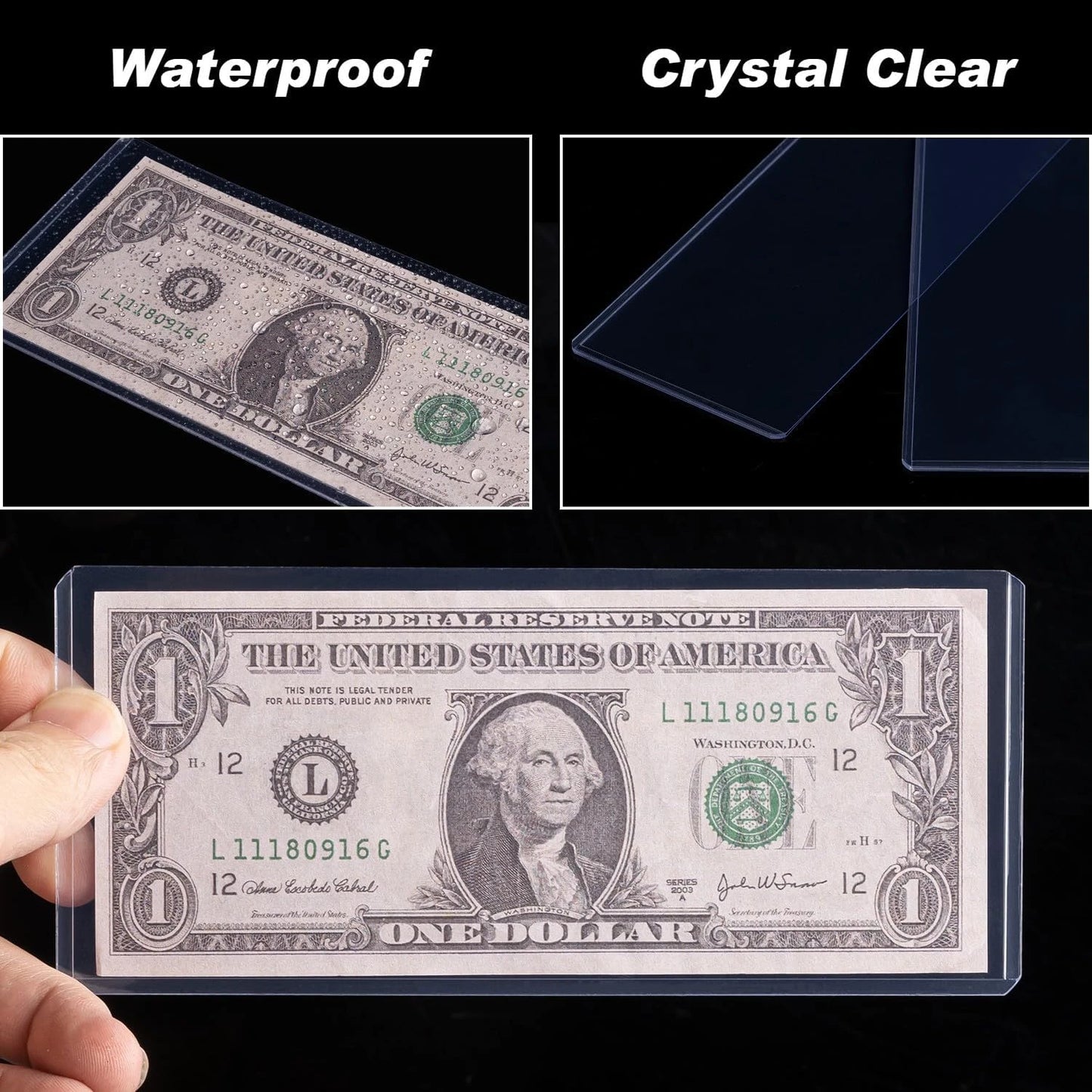 Regular Dollar Bill Currency Toploads, Protective Paper Money Sleeves for Collectors, Crystal Clear Plastic Holders for Cash
