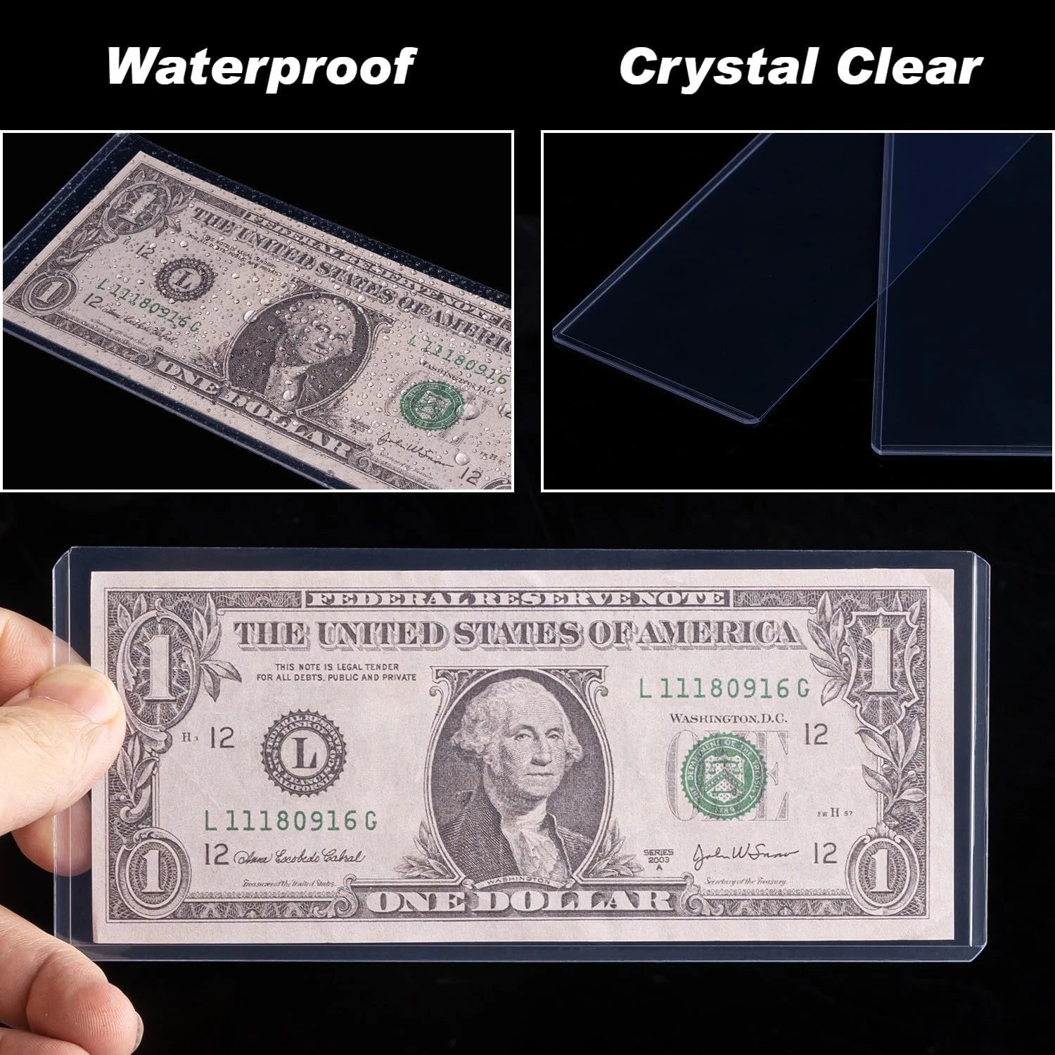 Regular Dollar Bill Currency Toploads, Protective Paper Money Sleeves for Collectors, Crystal Clear Plastic Holders for Cash