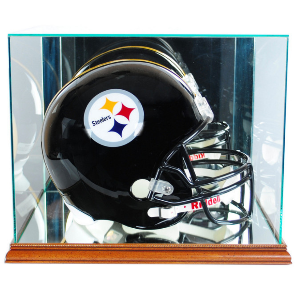 Real Glass Football Helmet Display Case UV Protection NFL Walnut Wood