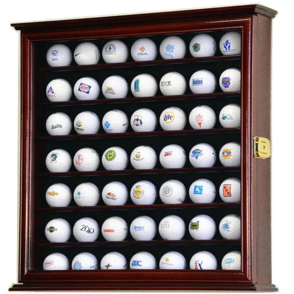 Wooden golf ball display case with multiple golf balls inside. Golf ball display case cabinet holder.
